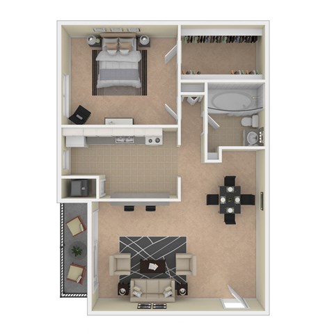 Floor plan for 1 bed, 1 bath, 625 sqft